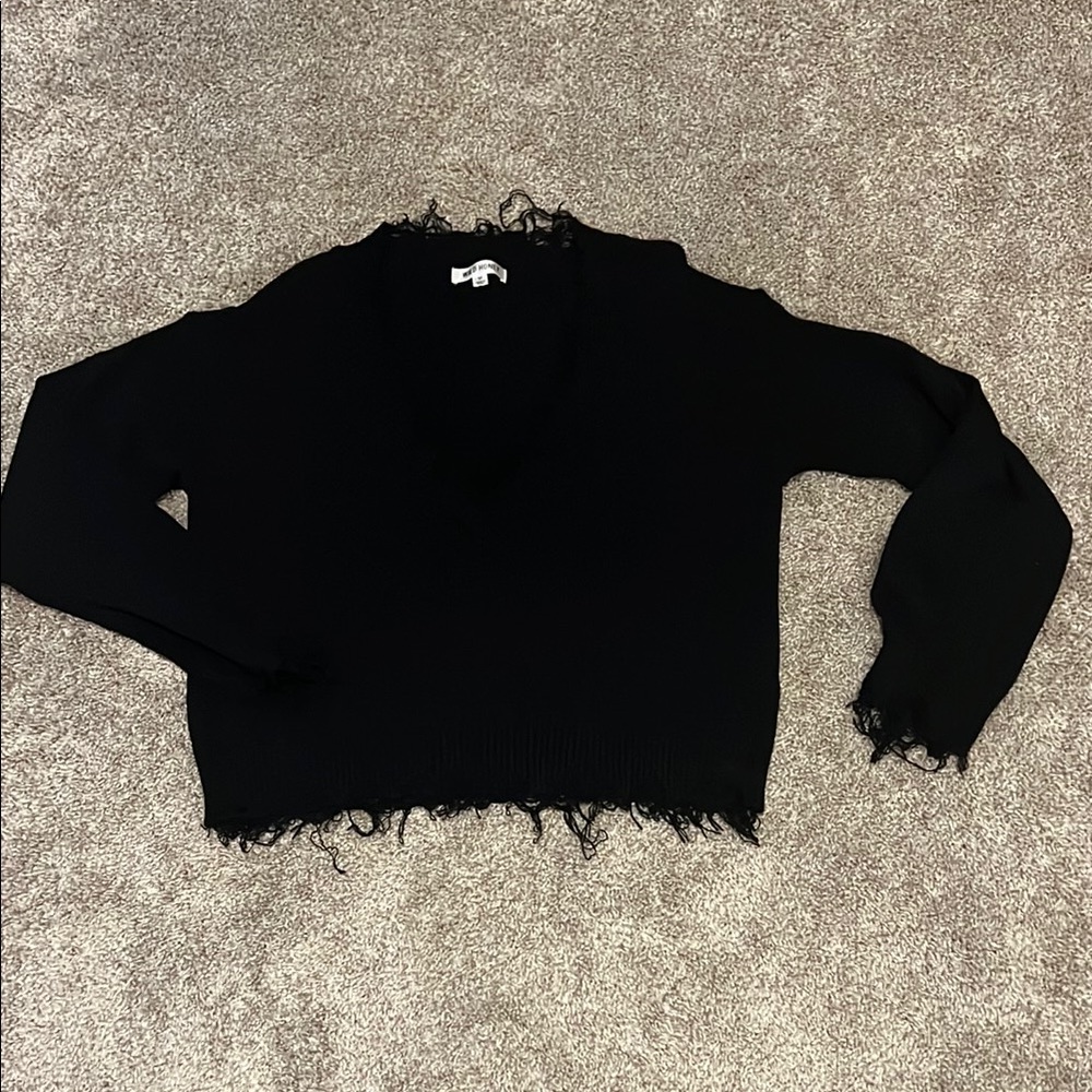 Wild Honey Black V-Neck Sweater with Long Sleeves and Distressed Hem